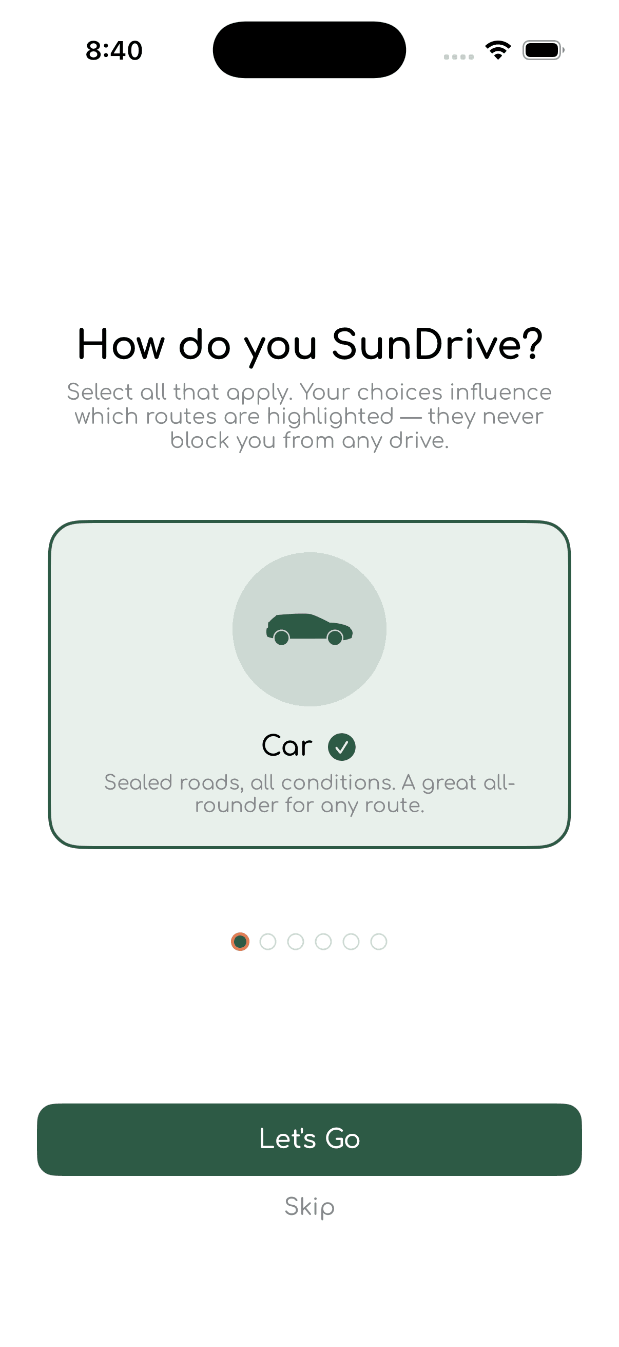 SunDrive drive type picker screen