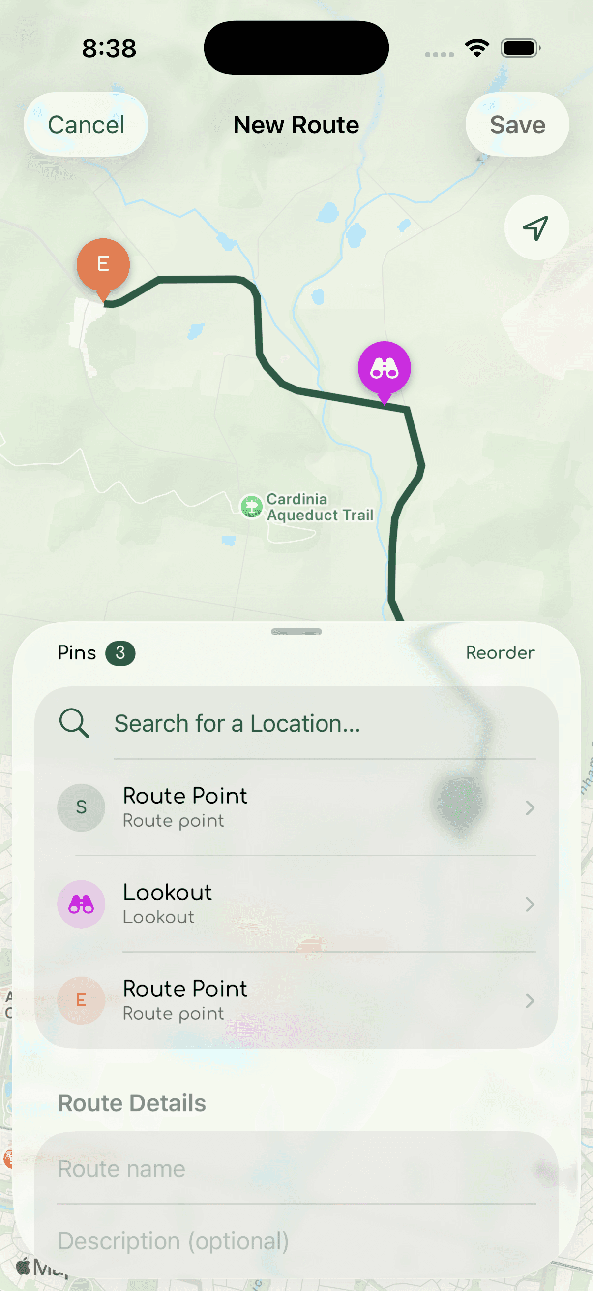 SunDrive route creation screen